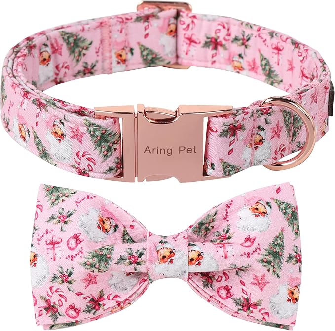 ARING PET Christmas Dog Collar-Cotton Pink Santa Claus Dog Collar with Bow, Adjustable Christmas Bowtie Dog Collars Pet Necklace with Metal Buckle for Girl&Boy Dogs