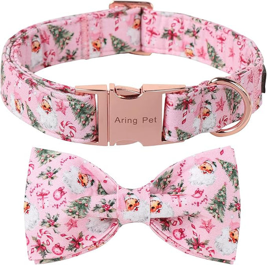 ARING PET Christmas Dog Collar-Cotton Pink Santa Claus Dog Collar with Bow, Adjustable Christmas Bowtie Dog Collars Pet Necklace with Metal Buckle for Girl&Boy Dogs