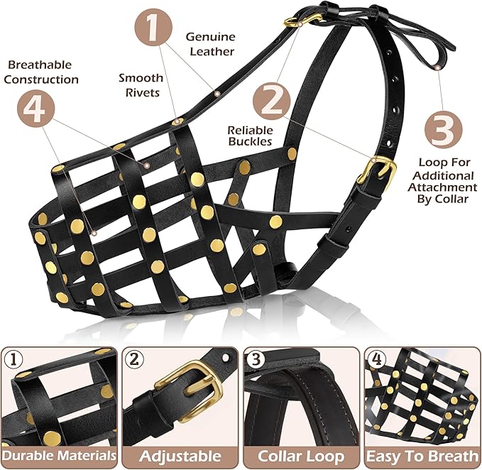 OOPSDOGGY German Shepherd Dog Muzzle for Large Dogs - Leather Breathable Secure Basket Muzzle for Large Breeds Prevents Biting No Chewing Adjustable (Black, Size 7 - German Shepherd)