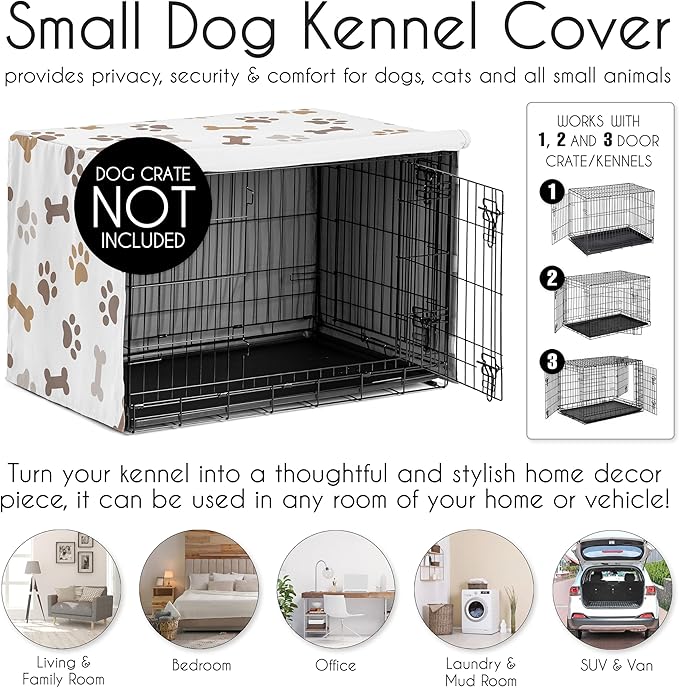Sweet Jojo Designs Bone Paw Print Dog Crate Cover – Kennel Covers for 30 Inch Pet Cage Small/Medium - Neutral Grey Taupe Brown Modern Off White Gray Tan Puppy