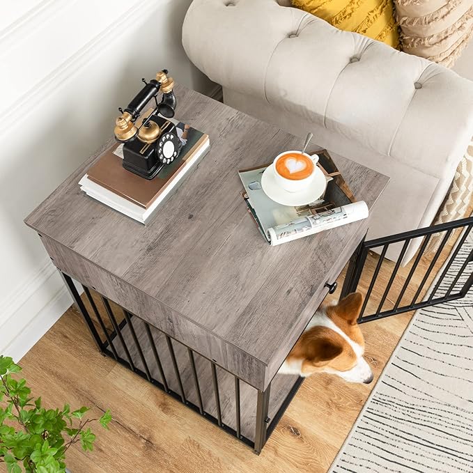 HOOBRO Dog Crate Furniture, Dog Crate Table, Decorative Dog Kennel with Drawer, Indoor Pet Crate End Table for Small Dog, Steel-Tube Dog Cage, Chew-Proof, Greige BG01GW03