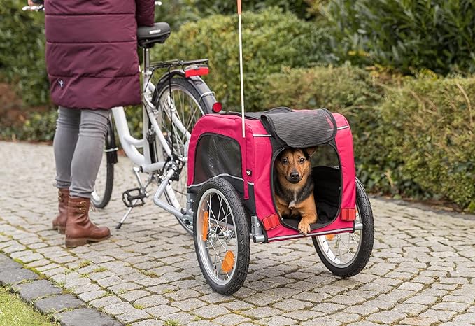 TRIXIE Dog Trailer for Bicycles, Dog Bike Trailer for Small Dogs up to 33 lbs, Quick Set-up and Fold Down, Red