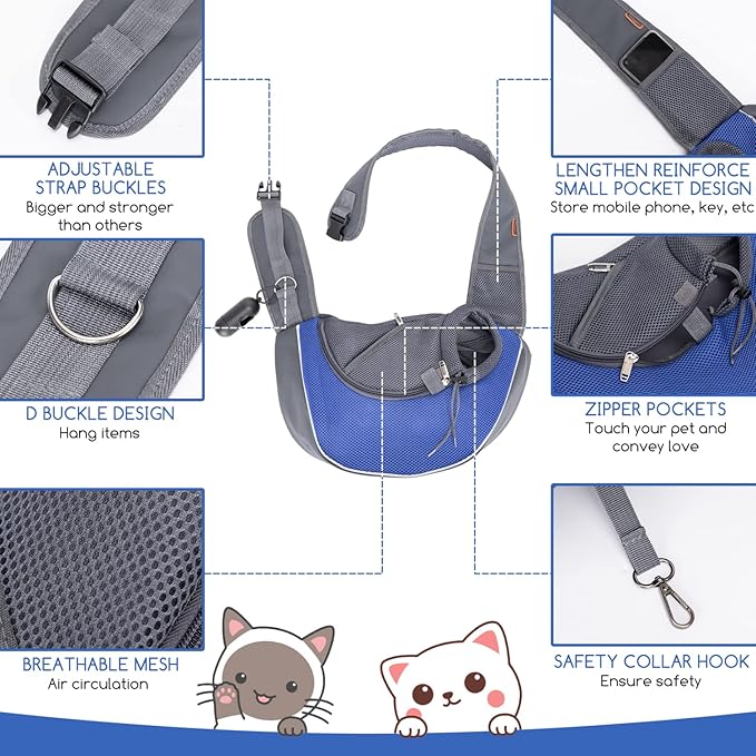 Nobleza Dog Sling Carrier, Mesh Adjustable Pet Sling Puppy Sling Carrier for Small Medium Dog Cat Rabbit (S (up to 5 lbs), Gray Blue)