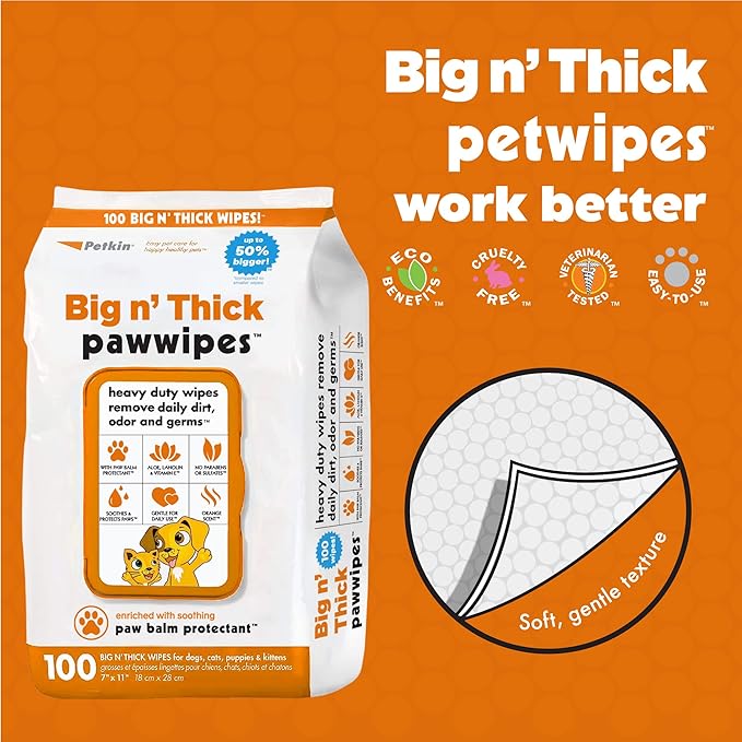 Petkin Big N' Thick Paw Wipes for Dogs, 100 Large Wipes - Clean Dirty Paws After Muddy Walks, with Paw Balm Protectant - Keep Floors and Furniture Clean - Ideal for Home or Travel - Orange Scent