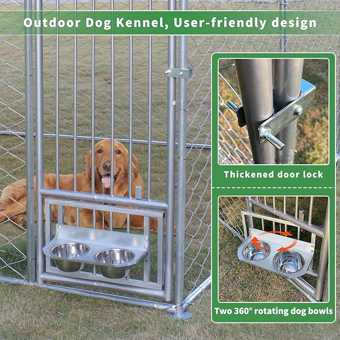 Rovibek Dog Kennel Outside, Outdoor Dog Kennel with Roof, 10'×10' Puppy Enclosure Outside, Out-Side with 2 Stainless Steel Bowls and Waterproof Sun-Proof Cover