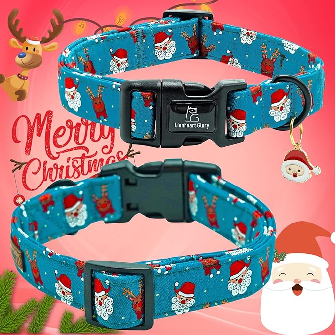 Lionheart glory Christmas Dog Collar, Blue Christmas Santa Deer Dogs Collar Adjustable Soft Comfortable Collars for Medium Dogs Girl or Boy Pet Gift Fall Cute Collar