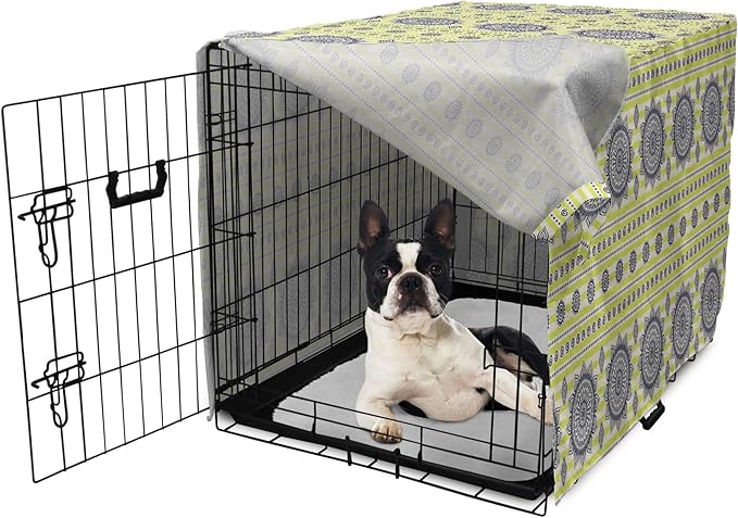 Lunarable Bohemian Mandala Dog Crate Cover, Floral Sun Motif on Brush Drawn Stripes with Dots, Easy to Use Pet Kennel Cover for Small Dogs Puppies Kittens, 22 Inch, Night Blue Yellow