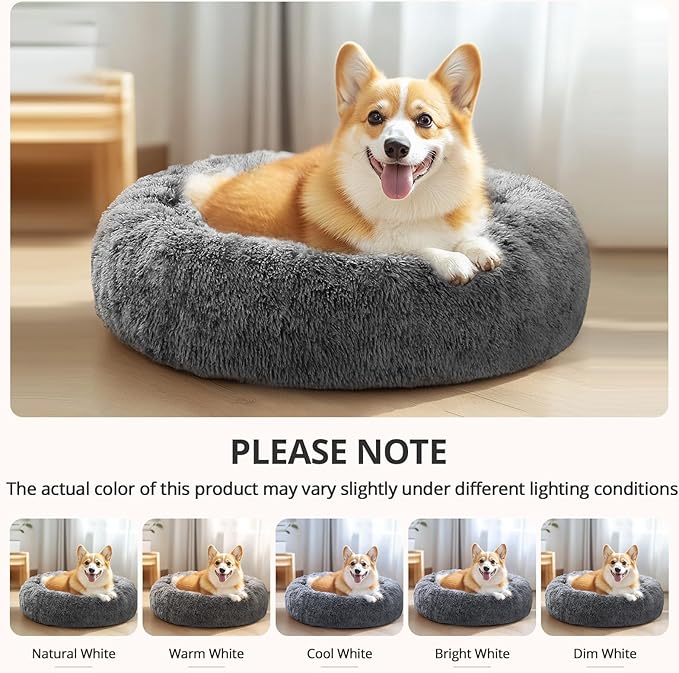 JOLLYVOGUE Dog Bed Cat Bed, Anti-Anxiety Small Dog Bed, Calming Donut Dog Bed for Puppy Bed, Fluffy Dog Beds for Small Medium Dogs, Washable Round Puppy Bed for Indoor Pet (24"/Smoke Black