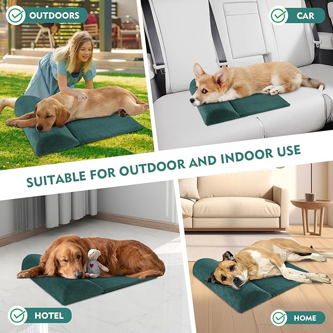 Dog Cat Bolster Pillow with High Resilience Foam, Headrest for Large Dogs, Benefit for Cervical Vertebra and Neck, Easy to Carry, Machine Washable Cover＆Easy to Clean(Green)