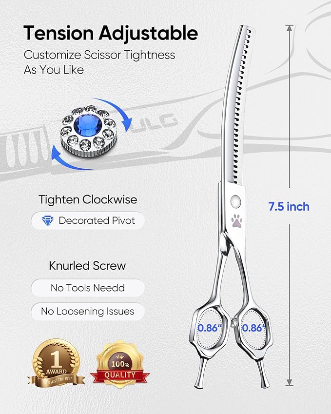 ULG 7.5" Curved Professional Dog Grooming Shears 30-Tooth Precision Thinning (55-60%) Japanese 440C Stainless Steel Adjustable Tension & Universal Left & Right Hand Use