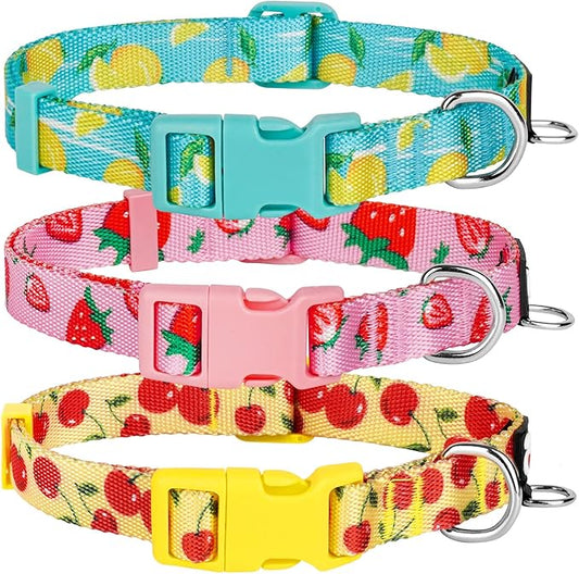 azuza 3 Pack Fruit Design Dog Collars Comfortable and Adjustable Nylon Dog Collars for Small Dogs, S (11-16inch)，Strawberry，Lemon and Cherry