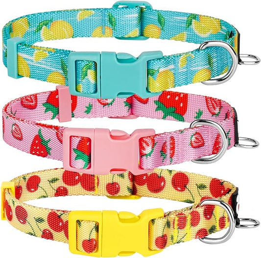 azuza 3 Pack Fruit Design Dog Collars Comfortable and Adjustable Nylon Dog Collars for Medium Dogs, M (14-20inch)，Strawberry，Lemon and Cherry