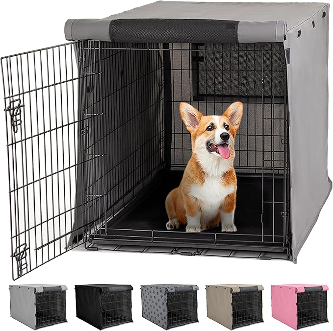 Gorilla Grip Dog Crate Covers Compatible with Amazon Basics Dog Crates, All Sides Open, Privacy Cover Fits 30" Wire Kennel, Breathable Mesh Windows, Light Reducing Puppy Training Cage Topper, Gray