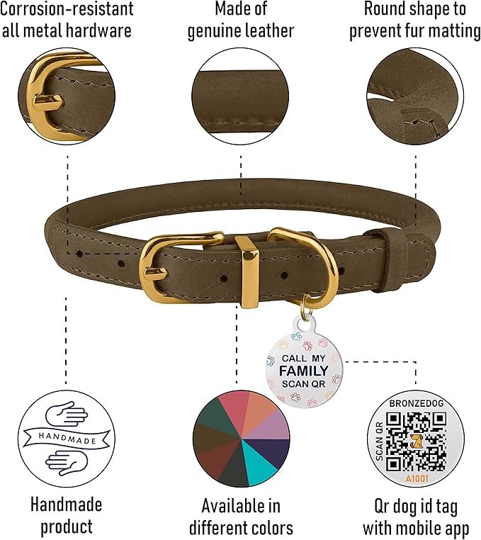 BRONZEDOG Rolled Leather Dog Collar with QR ID Tag Adjustable Soft Round Collars for Small Medium Large Dogs Puppy Cat (19" - 21" Neck Size, Nut Brown)