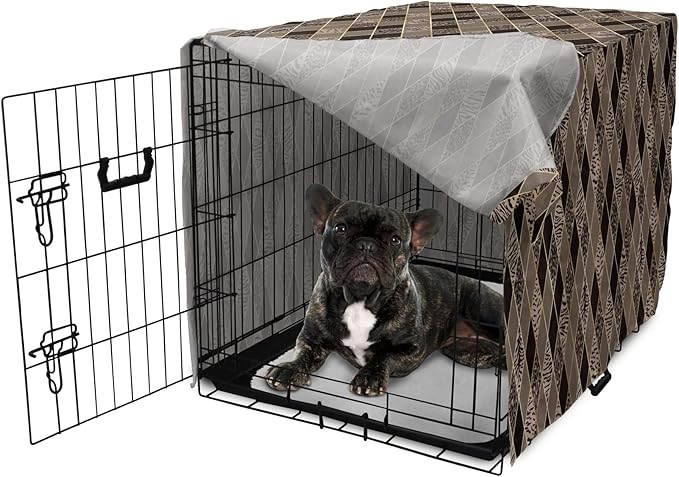 Lunarable Contemporary Brown Dog Crate Cover, Rhomb Check Pattern with Animal Skins, Easy to Use Pet Kennel Cover for Cats & Medium Dogs, 24 Inch, Umber Dark Brown
