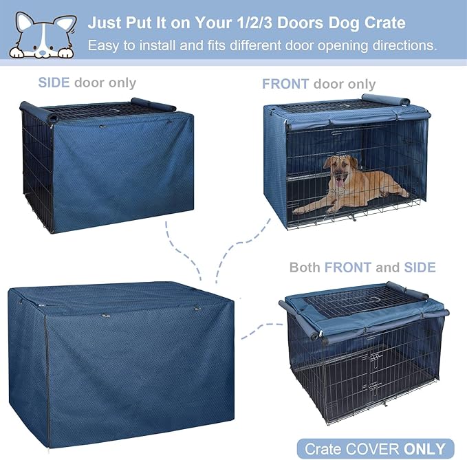 Explore Land Dog Crate Cover for 30 Inches Wire Cage, Heavy-Duty Lattice Pet Kennel Enclosure Compatible with 1 2 3 Doors Standard Metal Cage (Blue)