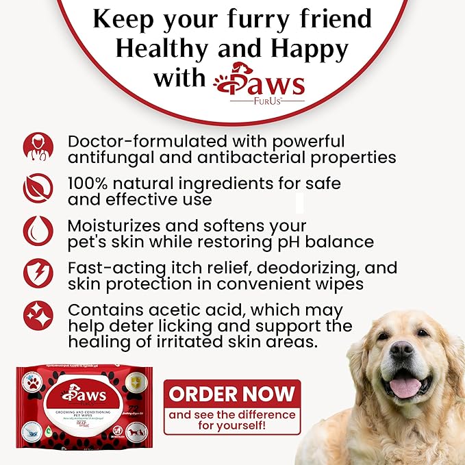 PawsFurUs® All-Natural Pet Wipes for Dogs & Cats - Doctor-Formulated for Total Pet Care with Antifungal & Antibacterial Protection, pH Balancing, Moisturizing, Deodorizing & Fast Itch Relief - 72ct.