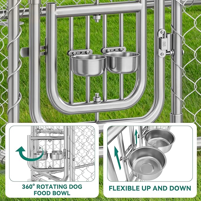DWVO 10'x10' Large Outdoor Dog Kennel with Rotating Feeder Bowls, Outdoor Dog Pens with Roof, Heavy Duty Dog Cage for Large Dogs