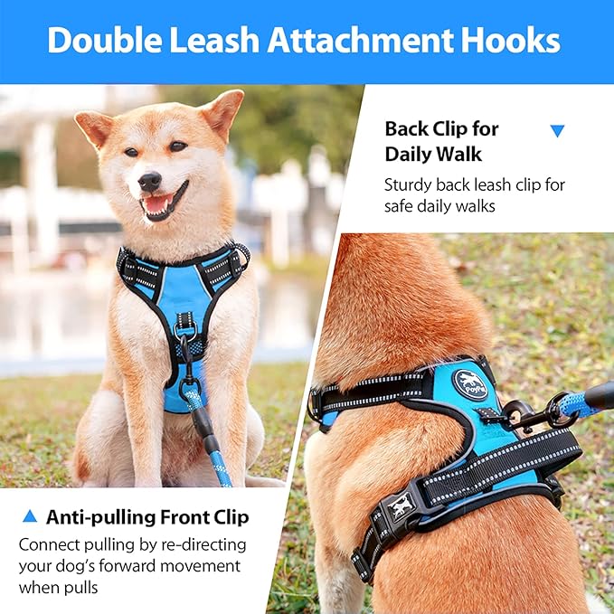 PoyPet No Pull Dog Harness, No Choke Front Clip Dog Reflective Harness, Adjustable Soft Padded Pet Vest with Easy Control Handle for Small to Large Dogs(Blue,L)