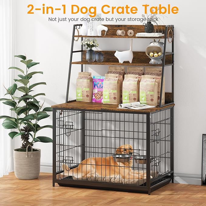 Furniture Style Dog Crate, Indoor Basic Dog Cage with 3-Layer Storage Shelves, Flip-up Top End Table Dog Cage, Dog Kennel Furniture with Adjustable Bowls, 37.4" L x 24.4" W x 57.1" H,Brown