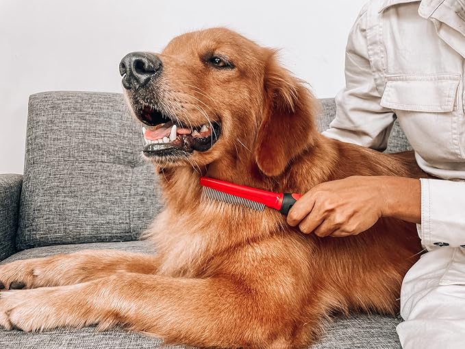 Tuff Pupper Dual Length Detangling Dog Comb | Short and Long Teeth Outer & Inner Coat | Ergonomic Pet Detangling Combs | No-Slip Safety Handle For Precision Control | Rounded Tips Prevent Scratching