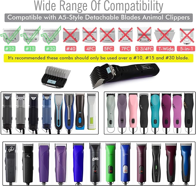 Professional A5 Style Animal Clipper Stainless Steel Color-Coded Snap-on Attachment Guard Guide Comb, 1/8"-1" Compatible with Wahl KM Series Oster A5 Andis Detachable Blade Pet Groomers (#6 - 3/4")