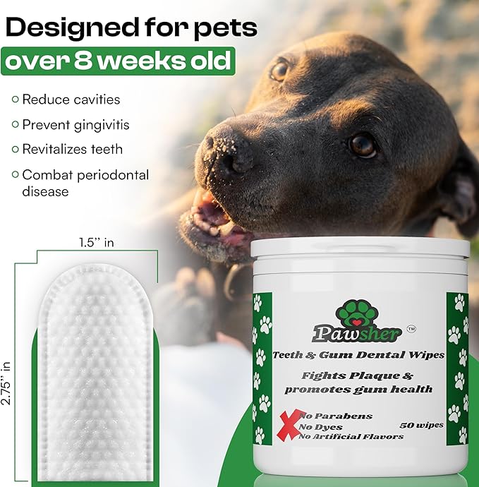 Dogs Dental Wipes | Fights Plaque, Freshens Breath & Promotes Gum Health | No Rinse Dog Teeth Cleaning | Gentle & Naturally Safe Dental Care | Complete Your Dog Tooth Brushing Kit | 50 Count
