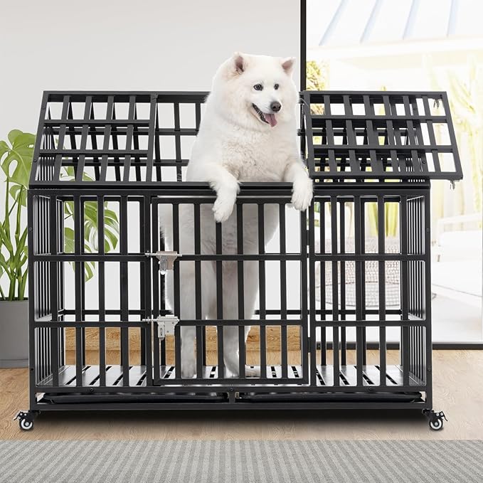Rovibek 52 Inch XXL Dog Crate, Heavy Duty Dog Crate with Lockable Wheels, Escape Proof Dogs Cage for Extra Large Dogs, Dog Kennel Indoor, Indestructible Dog Crates with Removable Trays