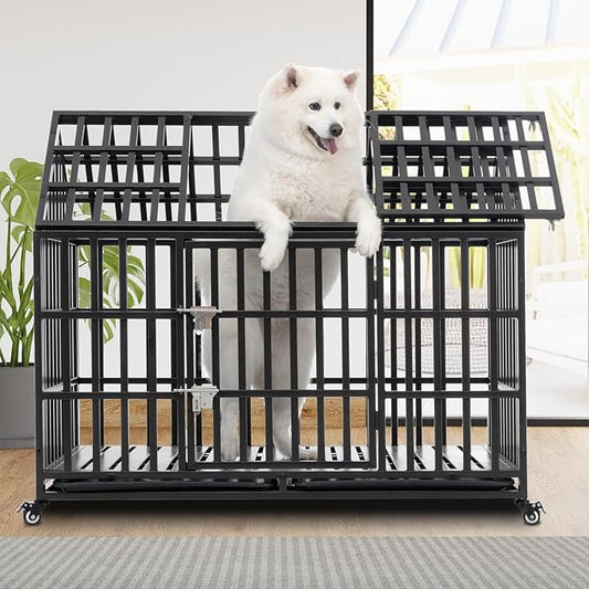 Rovibek 52 Inch XXL Dog Crate, Heavy Duty Dog Crate with Lockable Wheels, Escape Proof Dogs Cage for Extra Large Dogs, Dog Kennel Indoor, Indestructible Dog Crates with Removable Trays