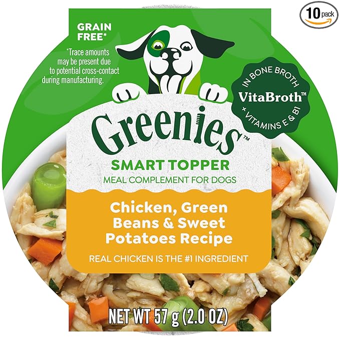 Greenies Smart Topper High Protein Wet Mix-in for Dogs, Chicken, Green Beans & Sweet Potatoes Recipe in Vitabroth™ Broth - Bone Broth + Vitamins E & B1, Pack of 10