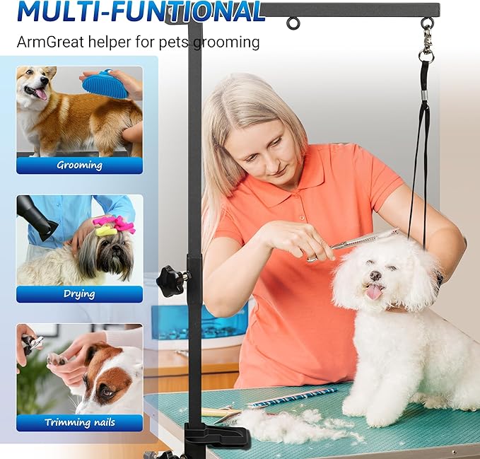 Dog Grooming Arm with 5pcs Pet Bath Brush - 35" Pet Grooming Table Arm with Adjustable No Sit Haunch Holders, Dog Grooming Stand with Loop Noose - Ideal for Small & Medium Dogs