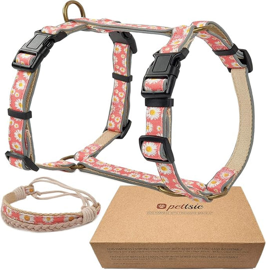 Pettsie No-Pull Dog Harness Reflective, 4 Adjustable Straps, Easy Control with 2 Leash Clips for Walking or Training, Matching Friendship Bracelet, Soft and Durable Hemp for Sensitive Skin, Gift Box