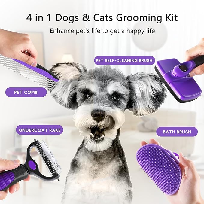 Dog Brush Kit – 4-in-1 Grooming Set with Self-Cleaning Slicker Brush & Undercoat Rake for Small, Medium & Large Long-Haired Dogs, Cats & Pets, Reduces Shedding, Tangles & Mats, Easy to Use