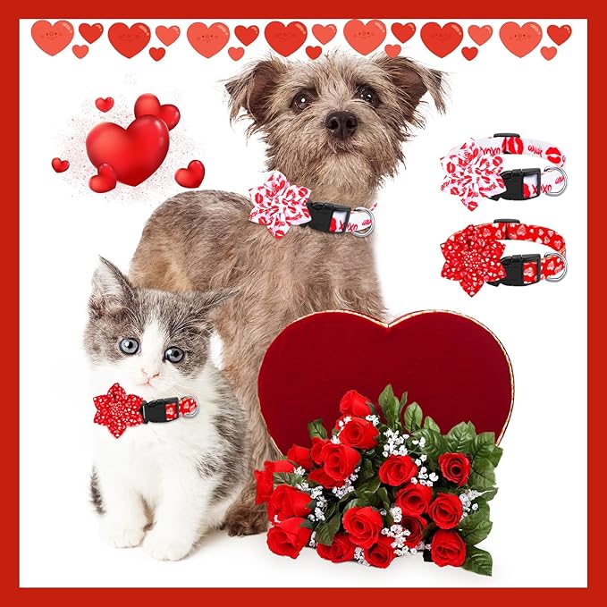 6 Pcs Valentine's Day Dog Collar with Flower Adjustable Valentine's Day Loving Heart Printed Collar for Dogs Holiday Safety Buckle Nylon Dog Collar for Female Male Small Medium Large Pet Dogs(Small)