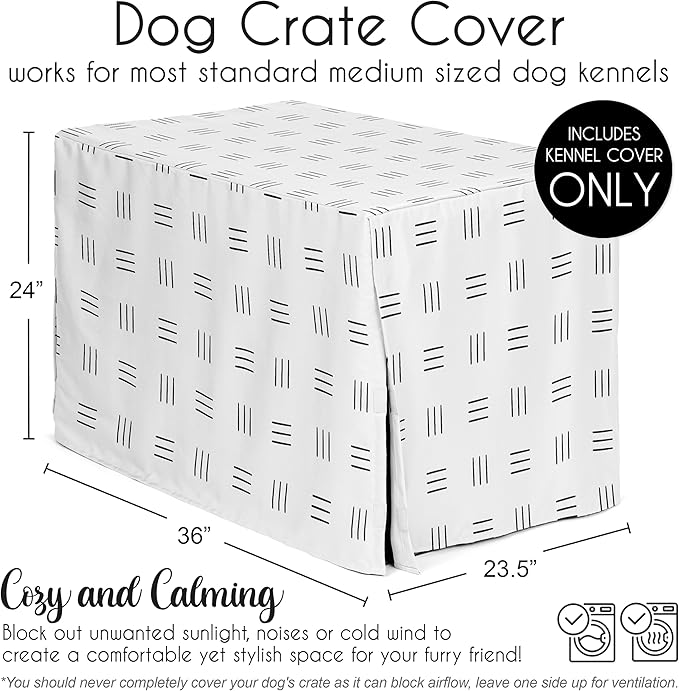 Sweet Jojo Designs 36in. Medium Dog Crate Cover (White and Black Boho) Pet Cage, Kennel Covers (Mudcloth, Black & White, Bohemian, Modern, Minimalist, Southwest, Mud Cloth, Hatch, Neutral Triple Line)
