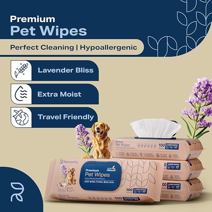 Pet Wipes for Dogs and Cats Plant Based – Lavendar Scented (Pack of 400) Dog Wipes for Paws and Butt - Deodorizing Non Toxic Dog Wipes, +12 Additional Travel Wipes
