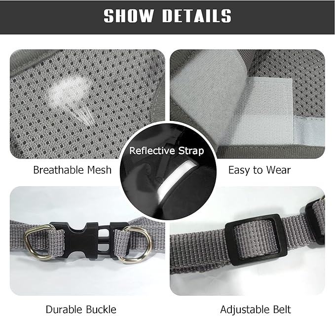 FEimaX Dog Harness and Leash Set for Walking, Soft Mesh Adjustable Easy Control Lightweight Cat Vest Harnesses with Reflective Strips, Escape Proof Small Dogs Cats Vests (Grey, Large)