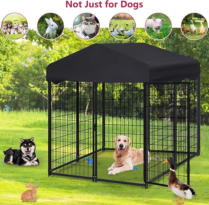 Heavy Duty Outdoor Dog House - Large Kennel with Roof, 4'L x 4'W x 4.5'H - Black Dog Crate with Cover, 2 Set