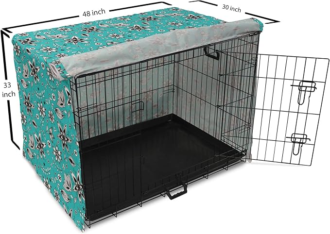 Lunarable Flower Dog Crate Cover, Abstract Monochrome Floral with Botanical Items, Easy to Use Pet Kennel Cover for Medium Large Dogs, 48 Inch, Seafoam Grey