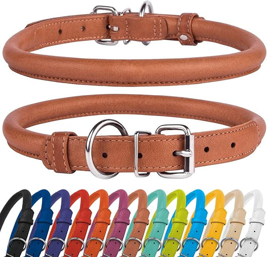 CollarDirect Rolled Leather Dog Collar, Soft Padded Round Puppy Collar, Handmade Genuine Leather Collar Dog Small Large Cat Collars 13 Colors (6-7 Inch, Cinnamon Textured)