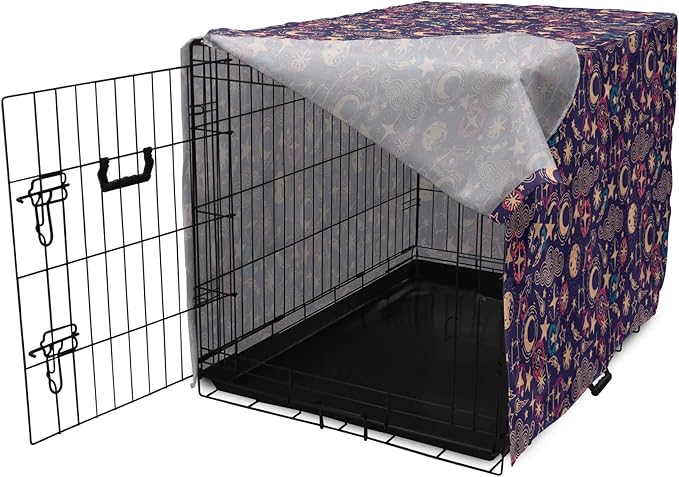 Lunarable Hipster Dog Crate Cover, Hand Drawn Starry Scene of Constellation Crescent Space-Themed Layout, Easy to Use Pet Kennel Cover for Cats & Medium Dogs, 30 Inch, Navy Blue and Multicolor