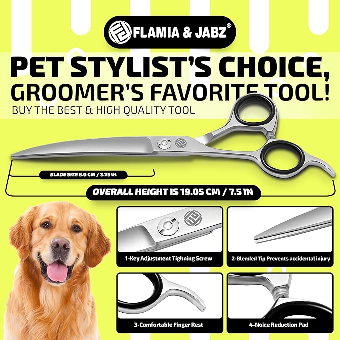 Professional Dog Grooming Scissors/Shears, Curved, for Dogs, Cats & Pets (Right Handed, Stainless Steel 7.5 Inch)