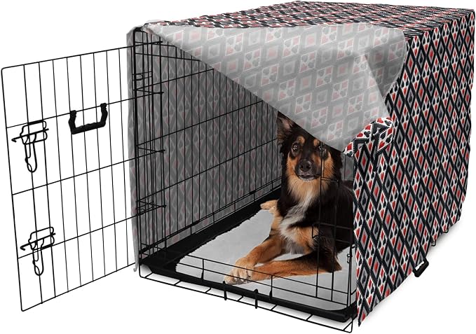 Lunarable Casino Dog Crate Cover, with Geometrical Design and Mosaic Composition Gamblers Club, Easy to Use Pet Kennel Cover for Medium Large Dogs, 36 Inch, Black Red Grey