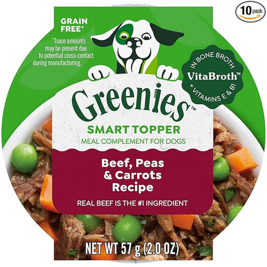 Greenies Smart Topper High Protein Wet Mix-in for Dogs, Beef, Peas & Carrots Recipe in Vitabroth™ Broth - Bone Broth + Vitamins E & B1, Pack of 10