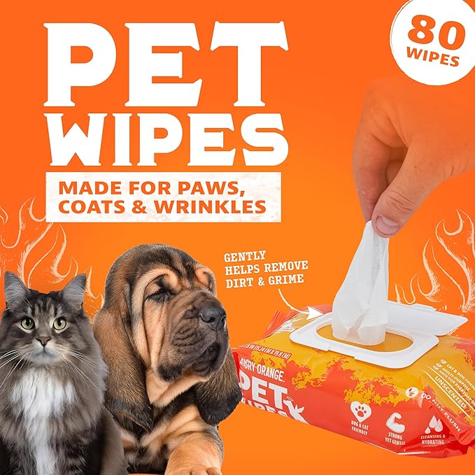 ANGRY ORANGE Pet Wipes for Dogs and Cats - Unscented and Gentle Grooming Wipes for Paws, Fur and Butt - 80 Count - 1 Pack
