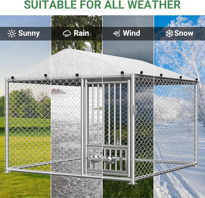 Rovibek Outdoor Dog Kennel with Roof, 6.7 X 6.7 Outside Kennel Heavy Duty Dog Run Fence with Waterproof Sun-Proof Cover, Outside Dog Playpen with 2 Stainless Steel Bowls