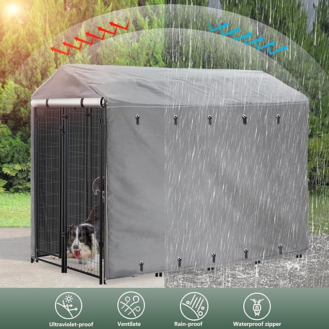 Outdoor Dog Kennel Cover Full Coverage Windproof Anti-UV 8'Dx4'Wx6'H.Waterproof Dog Kennel Cover for Multiple Brands of Dog Kennels,Cover Only,Grey.(Patent Pending)