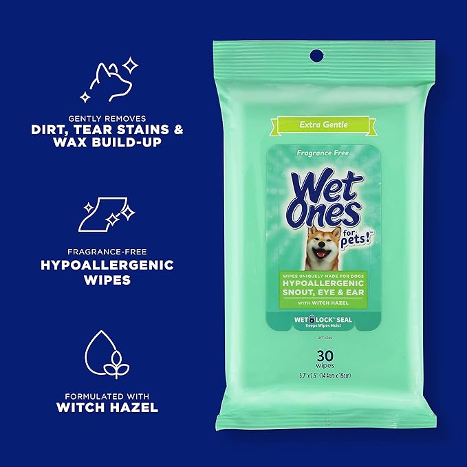 Wet Ones for Pets Extra Gentle Dog Wipes with Witch Hazel for Snout, Eye, Ear, Fragrance-Free Dog Wipes for All Dogs Wipes with Wet Lock Seal (Pack of 8, 240 Count Total)