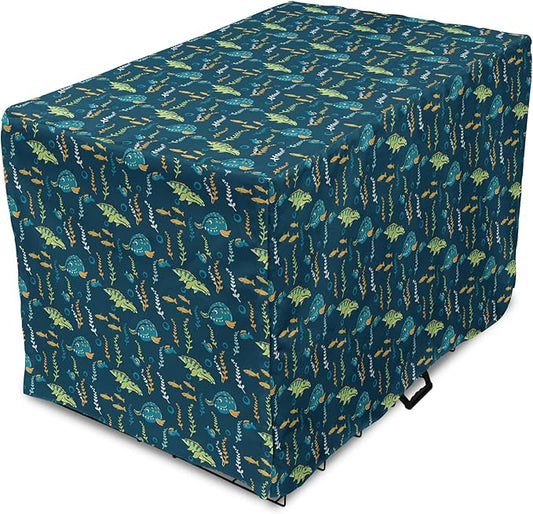 Lunarable Jurassic Dog Crate Cover, Evolution Marine Dinosaurs and Nautical Foliage Animal, Easy to Use Pet Kennel Cover for Small Dogs Puppies Kittens, 22 Inch, Petrol Blue Pale Green