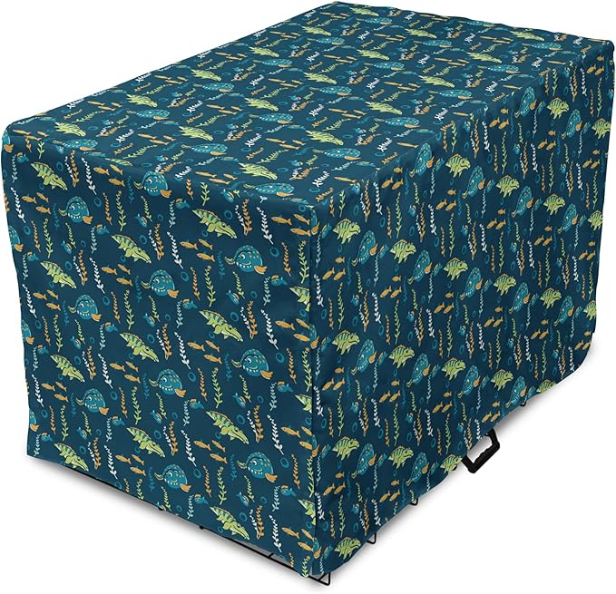 Lunarable Jurassic Dog Crate Cover, Evolution Marine Dinosaurs and Nautical Foliage Animal, Easy to Use Pet Kennel Cover for Small Dogs Puppies Kittens, 18 Inch, Petrol Blue Pale Green